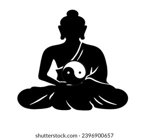 Symbol of yin and yang with an illustrator of Buddha in black and white; 