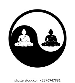 Symbol of yin and yang with an illustrator of Buddha in black and white;