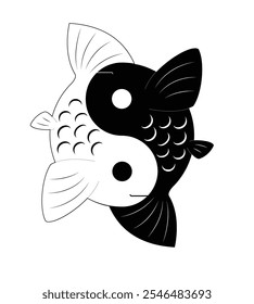 Símbolo de yin y yang con un ilustrador de peces en blanco y negro