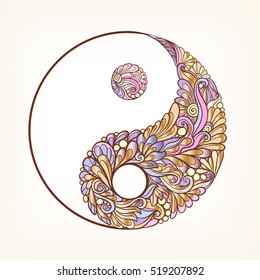 Symbol of yin and yang. This illustration can be used as a print on T-shirts, bags, tattoo, badges or patch Stock line vector illustration.
