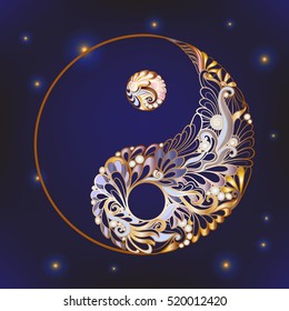 Symbol of yin and yang. This illustration can be used as a print on T-shirts, bags, tattoo, badges or patch In gold on black background