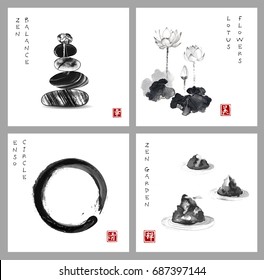 Symbol of zen. Zen balance, enso circle, lotus flower and stone garden on white background. Hieroglyph - zen, beauty, happiness, clarity. Traditional Japanese ink painting sumi-e.