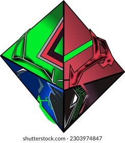 Ein Symbol- oder Logo-Konzept namens "Neon Deer". Wir können den Kopf eines Hirsches mit verschiedenen Formen und hellen Farben sehen.  