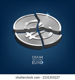 Symbolic 3d broken silver euro coin on a dark blue background. Vector financial european poster