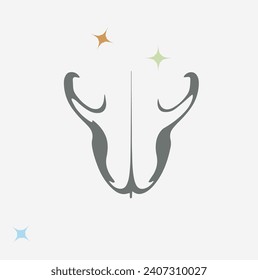 Symbolic, abstract image of an animal's face. Gray background. Rectangles.