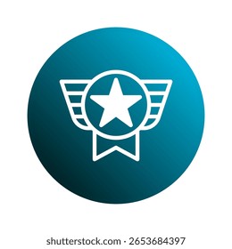 Um ícone simbólico de conquista com uma estrela branca dentro de um emblema circular com asas representando sucesso e reconhecimento