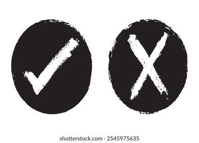 Symbolic approval icons, white tick and cross signs on black circles, checkmarks graphic design. Acceptance and rejection symbol vector buttons for vote, election choice.
