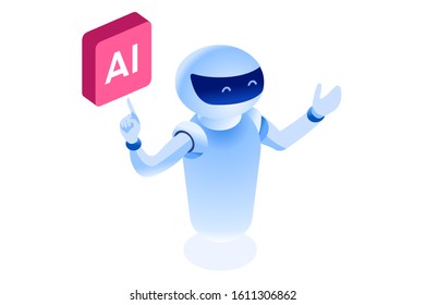 Symbolic artificial intelligent machine, model of website. Intelligence learning lecture from man to robot. Computer science symbol of robotics teaching. Modern page template flat vector illustration.