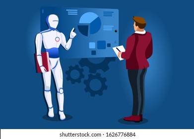 Symbolic artificial intelligent machine, model of website. Intelligence learning lecture from man to robot. Computer science symbol of robotics teaching. Modern page template flat vector illustration.