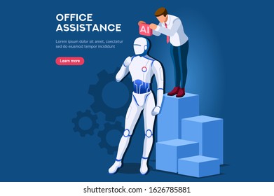 Symbolic artificial intelligent machine, model of website. Intelligence learning lecture from man to robot. Computer science symbol of robotics teaching. Modern page template flat vector illustration.