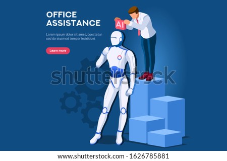 Symbolic artificial intelligent machine, model of website. Intelligence learning lecture from man to robot. Computer science symbol of robotics teaching. Modern page template flat vector illustration.