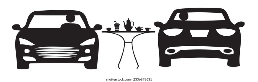 Symbolic autocafe with two cars and a served table between them