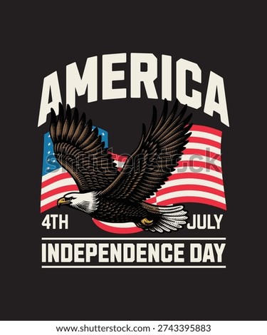 Symbolic bald eagle soars in front of the American flag commemorating the Fourth of July