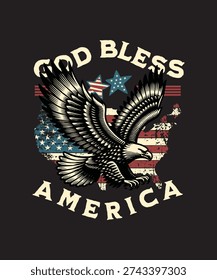 Symbolic bald eagle with spread wings superimposed over a distressed USA map and flag conveying patriotism and national pride