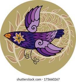 Symbolic bird on background tree branches with leaves