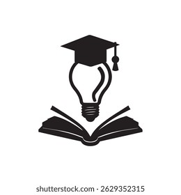 A symbolic black and white logo representing education and knowledge, featuring a graduation cap atop a lightbulb, positioned above an open book.