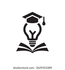 A symbolic black and white logo representing education and knowledge, featuring a graduation cap atop a lightbulb, positioned above an open book.