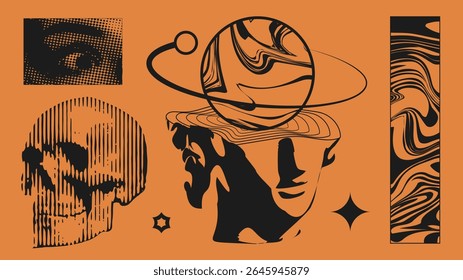 Symbolic brutalist collage with warped planet, cosmic head, stylized skull and surreal forms. Concept of web design motifs for cultural platforms