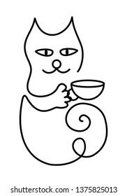 Symbolic cartoon cat with a cup of tea or coffee. Figure one line. Black and white vector graphics.
