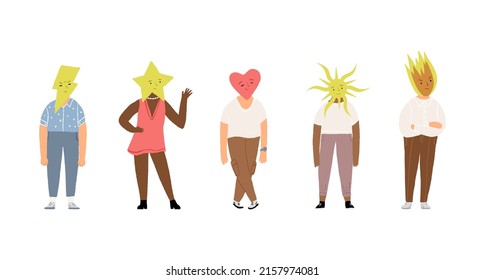 Caracteres simbólicos con diferentes temperamentos, tipos psicológicos, diferentes temperamentos de las personas. Explosivo, soleado, amable, celebridad o concepto de persona estrella. Ilustración plana vectorial.