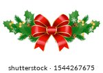 Symbolic christmas decoration. Isolated mistletoe with fir tree branches, pine cone and red ribbon bow decor. Greenery decorated with snowflakes ornaments. Xmas and new year adornment vector