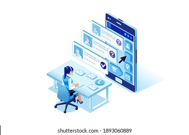 Symbolic clients chat, business services symbol. Graphic design of business service person on smartphone, client character chatting sign. Vector illustration, concept for flat web banners.