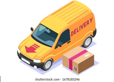 Symbolic commercial freight delivery symbol. Courier truck of delivery boy with in house parcel, commerce at home sign. Vector illustration. Home Express food deliver, online commercial order concept.