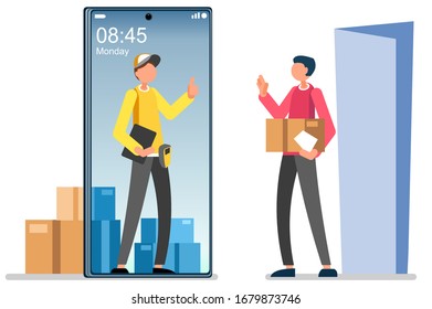 Symbolic commercial home deliver symbol. Courier truck of delivering boy with in house parcel, e commerce sign. Vector illustration icon. Express food, home delivery commercial online order concept.