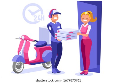 Symbolic commercial home deliver symbol. Courier truck of delivering boy with in house parcel, e commerce sign. Vector illustration icon. Express food, home delivery commercial online order concept.