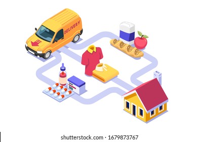 Symbolic commercial home deliver symbol. Courier truck of delivering boy with in house parcel, e commerce sign. Vector illustration icon. Express food, home delivery commercial online order concept.