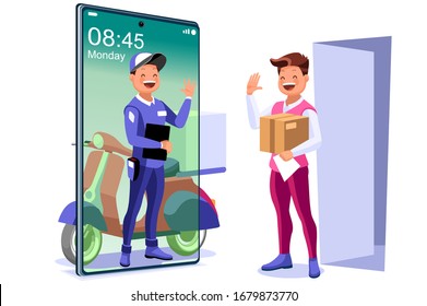 Symbolic commercial home deliver symbol. Courier truck of delivering boy with in house parcel, e commerce sign. Vector illustration icon. Express food, home delivery commercial online order concept.