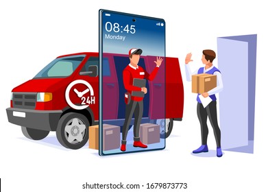 Symbolic commercial home deliver symbol. Courier truck of delivering boy with in house parcel, e commerce sign. Vector illustration icon. Express food, home delivery commercial online order concept.