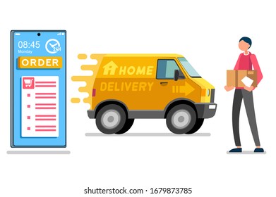 Symbolic commercial home deliver symbol. Courier truck of delivering boy with in house parcel, e commerce sign. Vector illustration icon. Express food, home delivery commercial online order concept.