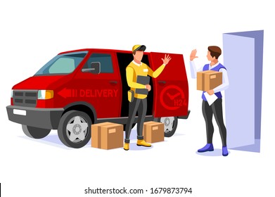 Symbolic Commercial Home Deliver Symbol. Courier Truck Of Delivering Boy With In House Parcel, E Commerce Sign. Vector Illustration Icon. Express Food, Home Delivery Commercial Online Order Concept.