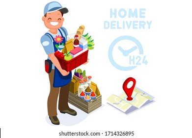 Symbolic commercial home deliver symbol. Courier truck of delivering boy with in house parcel, e commerce sign. Vector illustration icon. Express food, home delivery commercial online order concept.
