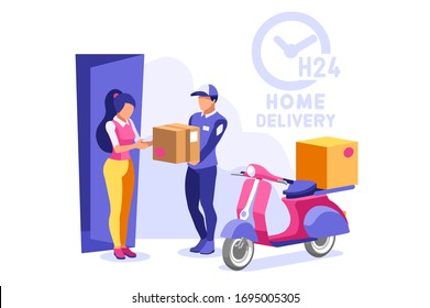 Symbolic commercial home delivery symbol. Courier truck of delivery boy with in house parcel, e commerce sign. Vector illustration icon. Express food, home delivering commercial online order concept.