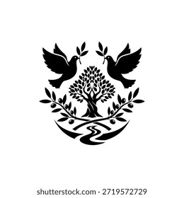 Ein symbolischer Kamm mit zwei Tauben, einem Olivenbaum und einem Fluss, der Frieden und Natur repräsentiert.
