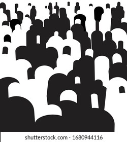 Ilustración simbólica de multitud, al azar llena de blanco y negro para crear un patrón abstracto y moderno, que recuerda a las formas humanas 