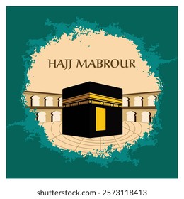 A symbolic depiction of the Kaaba surrounded by architecture, with the text Hajj Mabrour. Representing the sacred Islamic pilgrimage, this design exudes spirituality, devotion, and cultural significan