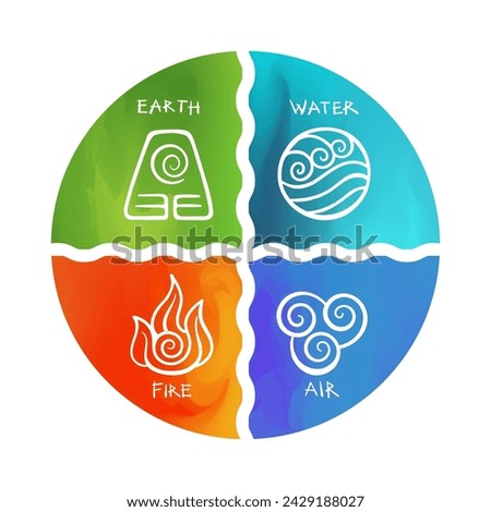 A symbolic diagram portrays classical elements - fire, water, earth, and air. Each sector revealing natures essence. Presented in vector format. Can be used as a set of separate icons.