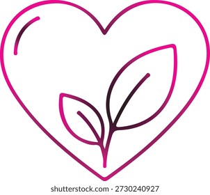 Gráfico digital simbólico com um coração graciosamente delineado abraçando dois jovens brotos folhosos, apresentado em um delicado e vibrante desenho de linha de gradiente de tons duplos, transmitindo mensagens de amor natural