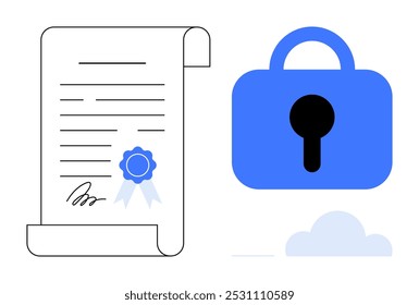 A symbolic document with a blue seal and signature next to a blue padlock above a cloud. Ideal for technology, digital security, certification, data protection, and cybersecurity. Modern flat style