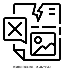 Symbolic Document Failure: A graphic representation of a torn document, complete with a rejected message, image, and overall sense of disruption. Data corrupt icon