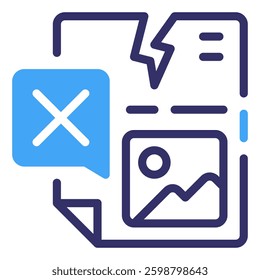 Symbolic Document Failure: A graphic representation of a torn document, complete with a rejected message, image, and overall sense of disruption. Data corrupt icon