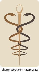 Symbolic drawing with snakes, needle and egg