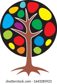 The symbolic drawing of the tree of life logo. Ecology. Green, red, yellow, blue and orange colors. Vector art graphic.