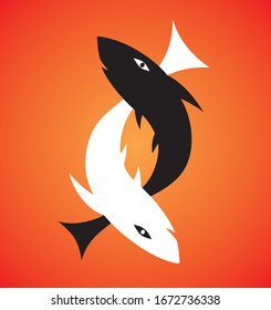 The symbolic drawing of two fish black and white on a orange background. Zodiac sign, symbol. Vector art graphic.