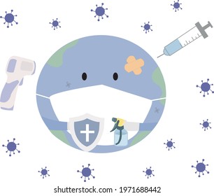 
Symbolic of the earth wearing the face mask and getting vaccine injection.


