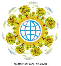 Symbolic eco world concept, nature landscape around the earth, trees and clouds, ecology design template