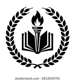 Symbolic education logo with torch on open book and laurel wreath on white background
